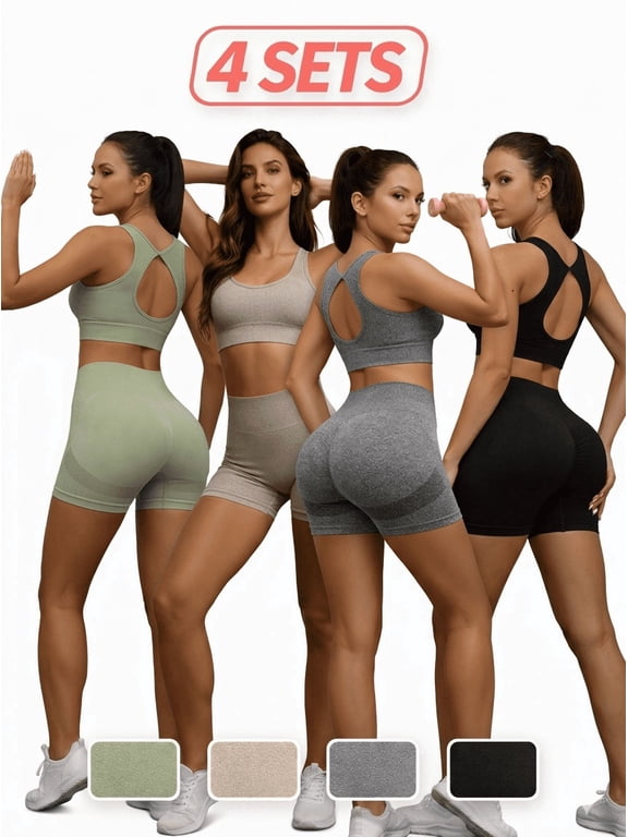 Women's 4 Pack Workout Sets, 8 Piece High Waist Yoga Shorts and Sports Bra Gym Activewear Outfits. Green,Khaki,Grey,Black