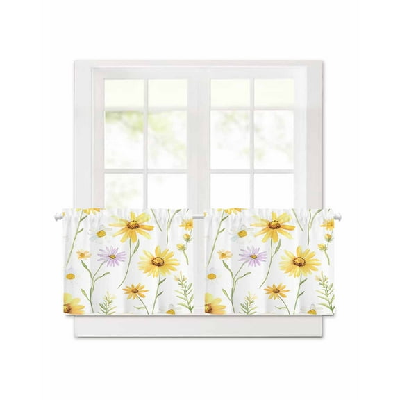 Yellow Daisy Flowers Leaf Short Blackout Curtains 36 Inch Long Simple Style Watercolor Nature Rod Pocket Kitchen Curtains, 2 Panels Thermal Insulated Room Darkening Drapes for Bedroom, 42"W x 36"L
