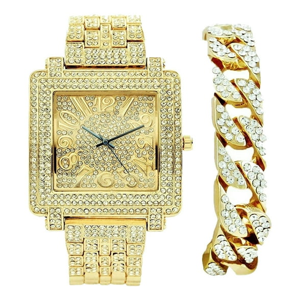 Biggie Bling-ed Out Easy Reader - Arabic #'s on Dial of Square Unisex Watch - Perfect for Men & Women Wanting to be on Point - Set Includes Bling-ed Out Gold Cuban Bracelet - ST10246GB -Cuban