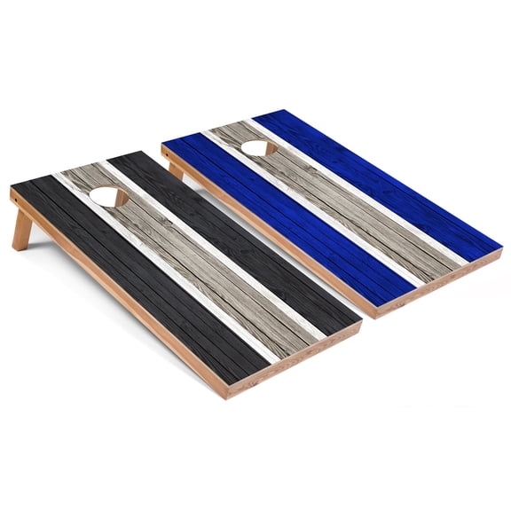 Skip's Garage | Dark Grey and Royal Striped Cornhole Boards | Includes (2) Boards, (8) Bags & Optional Accessories