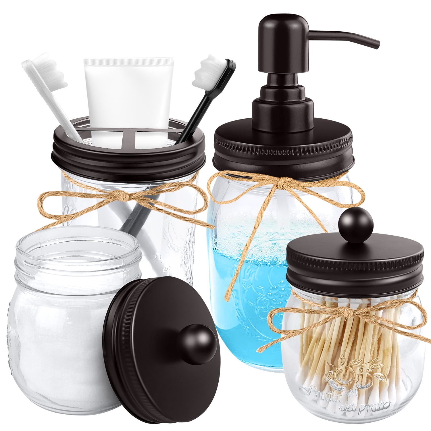 4pcs Rustic Mason Jar Bathroom Accessories Set Liquid Soap Pump