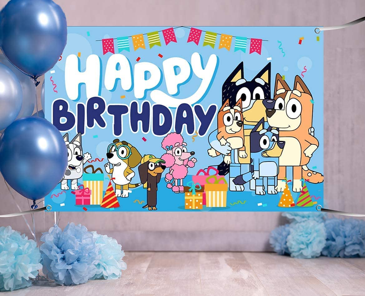 Bluey Party Decoration Background - Cartoon Blue Collie, Happy Birthday  Background Banner, Blue Themed Happy Birthday Background Decoration Blue