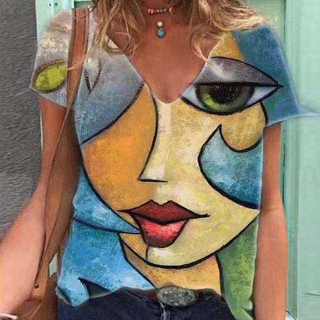 Puntoco mujeres verano moda manga corta cuello en V impresión Casual blusa camiseta tops Puntoco Puntoco-6557