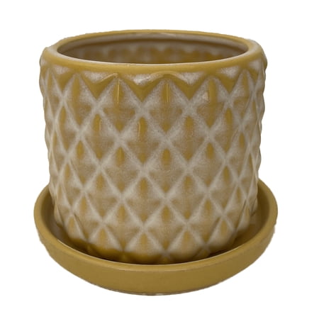 Diamond Yellow Ceramic Pot with Attached Saucer - 4.5  x 4.25