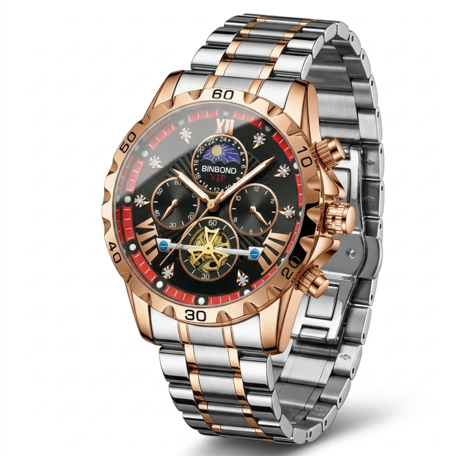 BINBOND Men's Quartz Business Watch, Stainless Steel 42mm Luminous Chronograph with Date