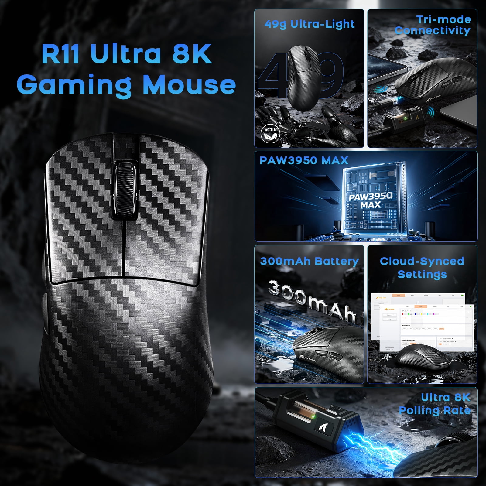 ATTACK SHARK R11 Ultra 8K Carbon Fiber Wireless Gaming Mouse with 42000 DPI-PAW3950 MAX Sensor-49g Lightweight,Nordic 52840 MCU Chip,Wired/BT/2.4Ghz Programmable,RGB Coiled Cable,Weave Black