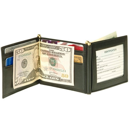 Black Money Clip - Men's Double Money Clip Bifold Wallet in Genuine Leather