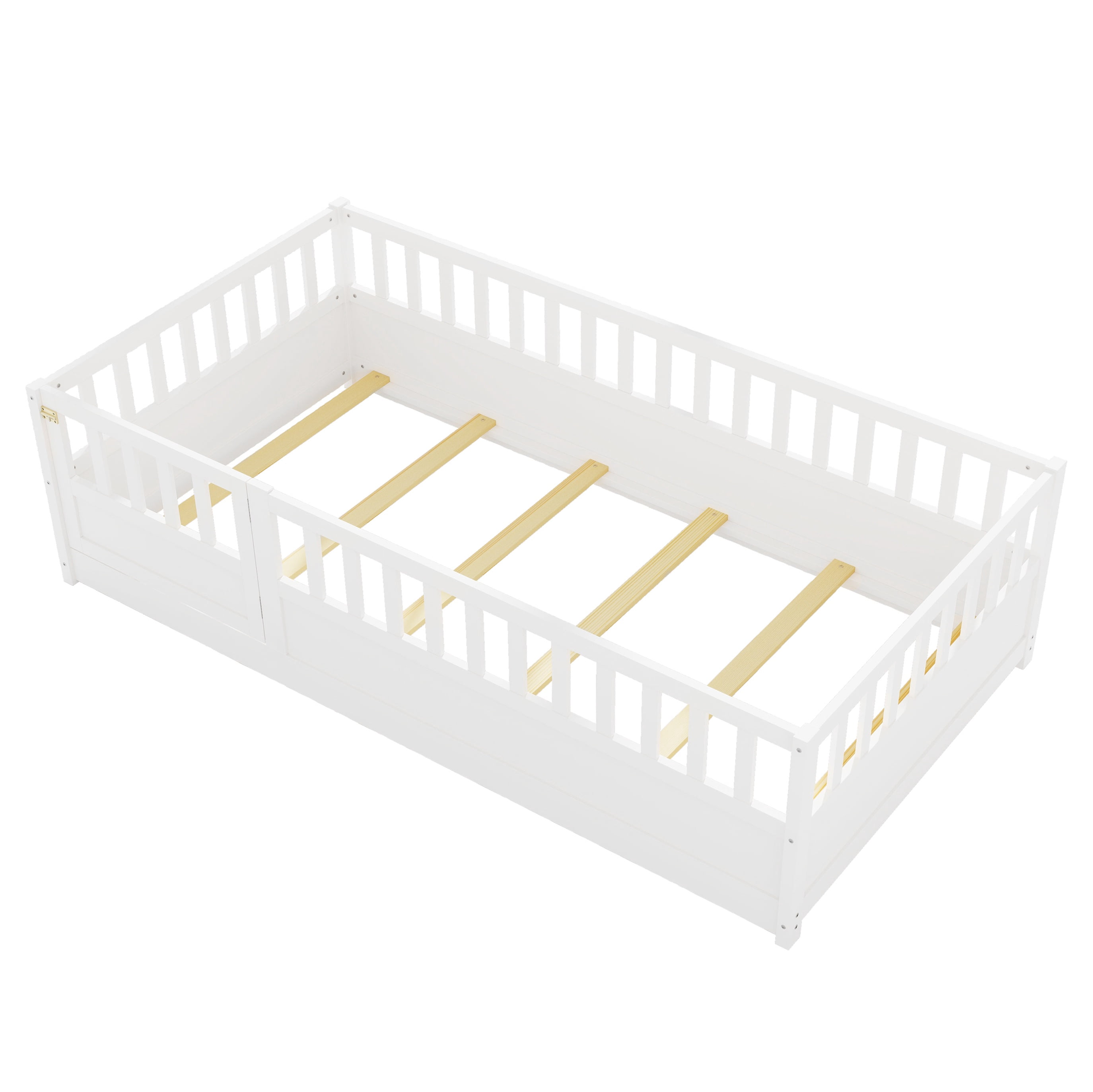 PORKISS Twin Floor Bed, Wooden Kids Bed Frame with High Rails and Slats, Low Toddler Bed with Built-in Door, No Box Spring Needed, Montessori Bed Frame for Children, White