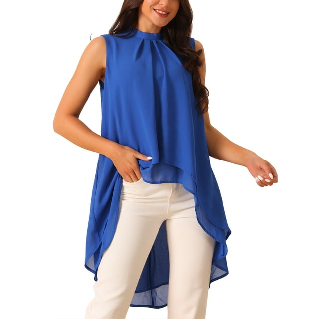 INSPIRAR CHIC Blusas sin mangas de gasa para mujer con cuello alto, espalda atada, dobladillo asimétrico, camiseta de verano M azul real