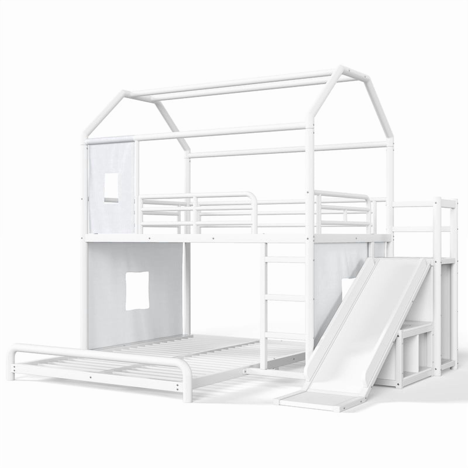 Full Over Full Metal Bunk Bed with Slide, Ladder, LED Light, Privacy Curtain and Movable Storage Cabinet, House-Shaped Kids Bunk Bed with Hanging Rod, No Box Spring Required