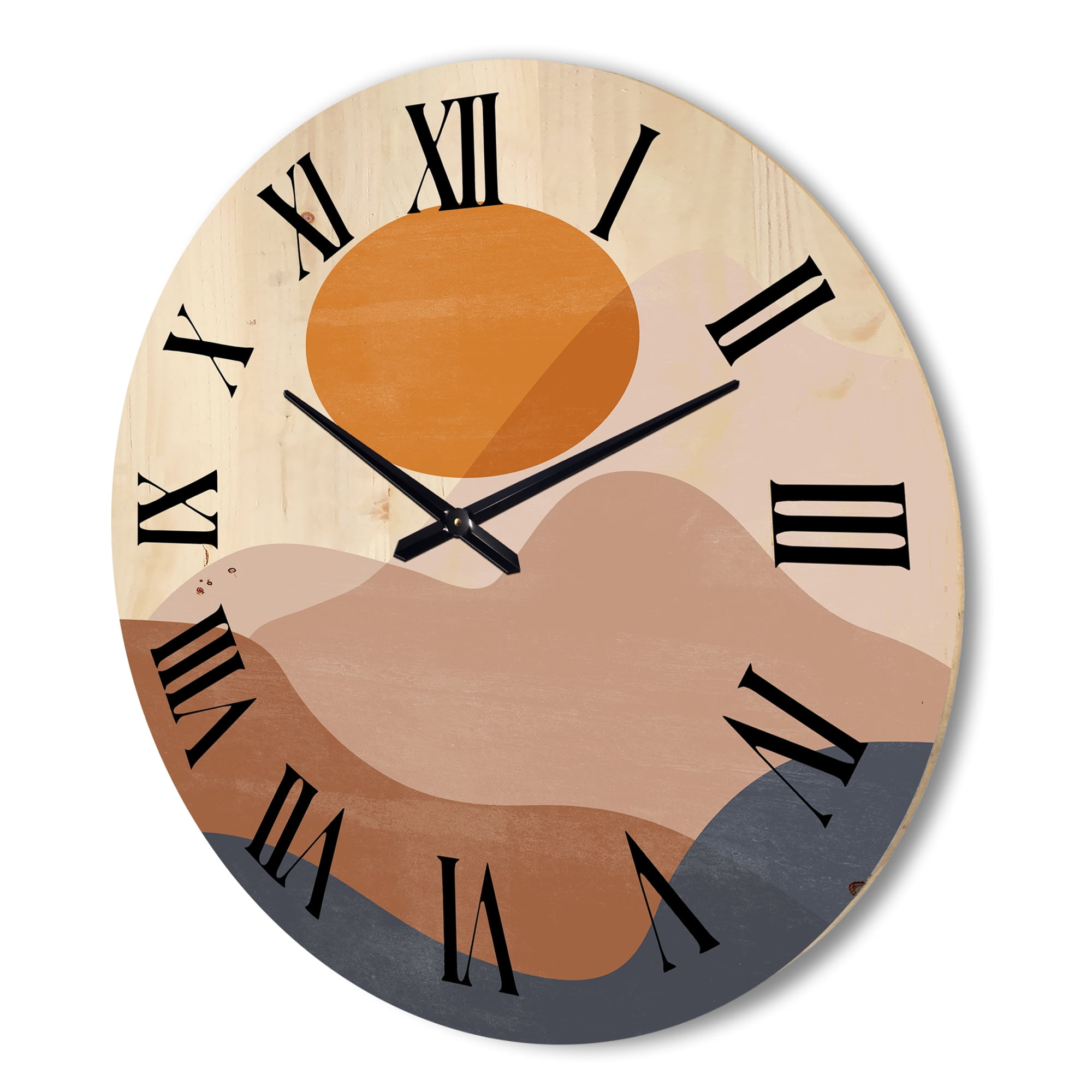 Designart 'Abstract Earth Toned Mountains With Red Moon II' Modern Wood Wall Clock
