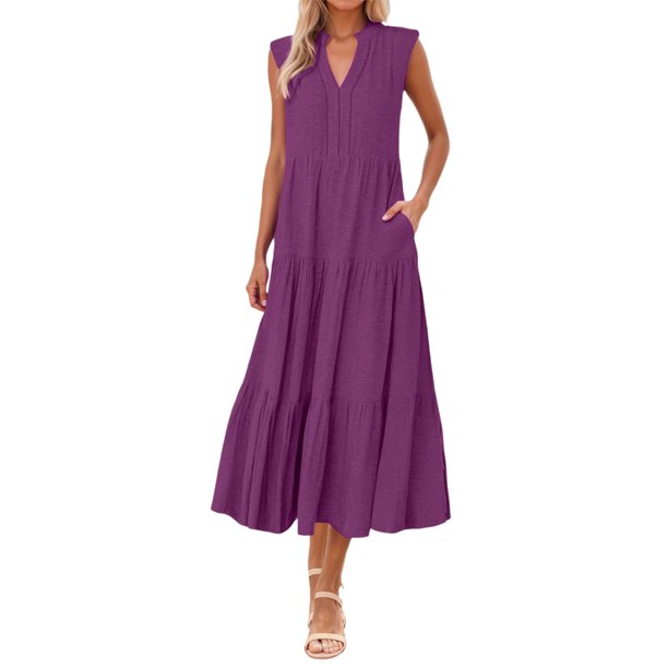 Vestido fluido con cuello en V y corte en A para mujer - Ligero, ideal para la playa o el brunch, poliéster y spandex, tallas S-XXXL