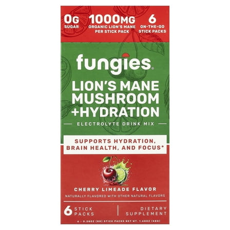 Fungies Lion's Mane Mushroom   Hydration, Electrolyte Drink Mix, Cherry Limeade, 6 Stick Packs, 0.28 oz (8 g) Each
