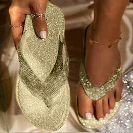 

Slippers for Women Gnobogi Womens Glitter Bling Fancy Slide Flat Low Wedge Casual Fashion Sandals Shoes