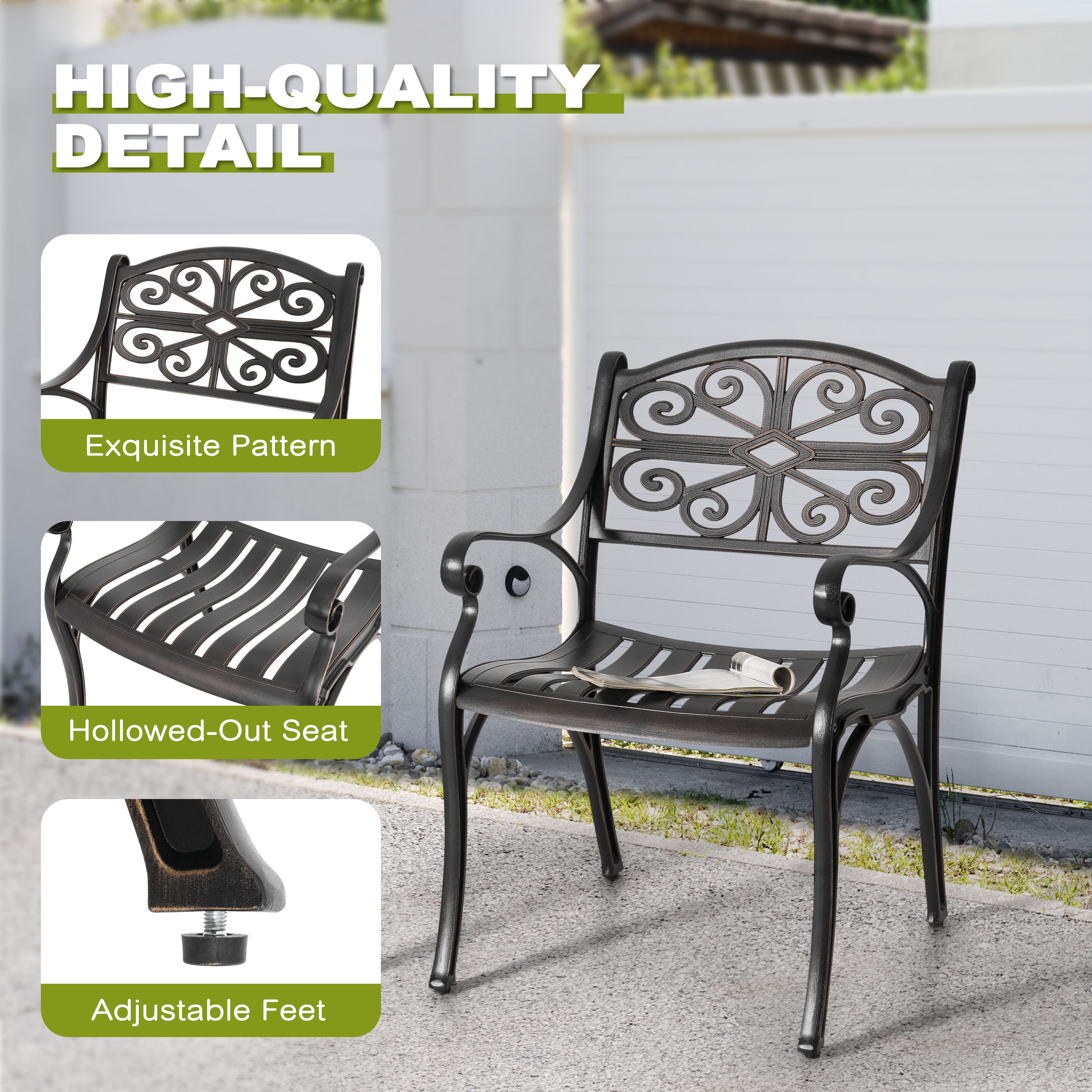 Nuu Garden Patio Dining Chairs with Armrests, Weather Resistant Cast Aluminum Bistro Chairs of 2, Outdoor Chairs for Garden Lawn Porch Backyard Pool, Black