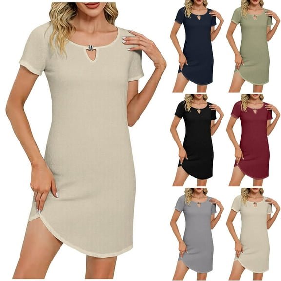 Summer Dresses for Women 2025, Women's Fashion Solid Color Hollow Neckline Buckle Short Sleeve Round Neck Dress(Black,S)