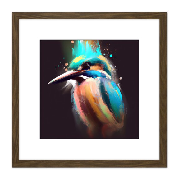 Kingfisher Abstract Paint Splatter Bird Watercolour Painting Teal Turquoise Orange Square Wooden Framed Wall Art Print Picture 8X8 Inch