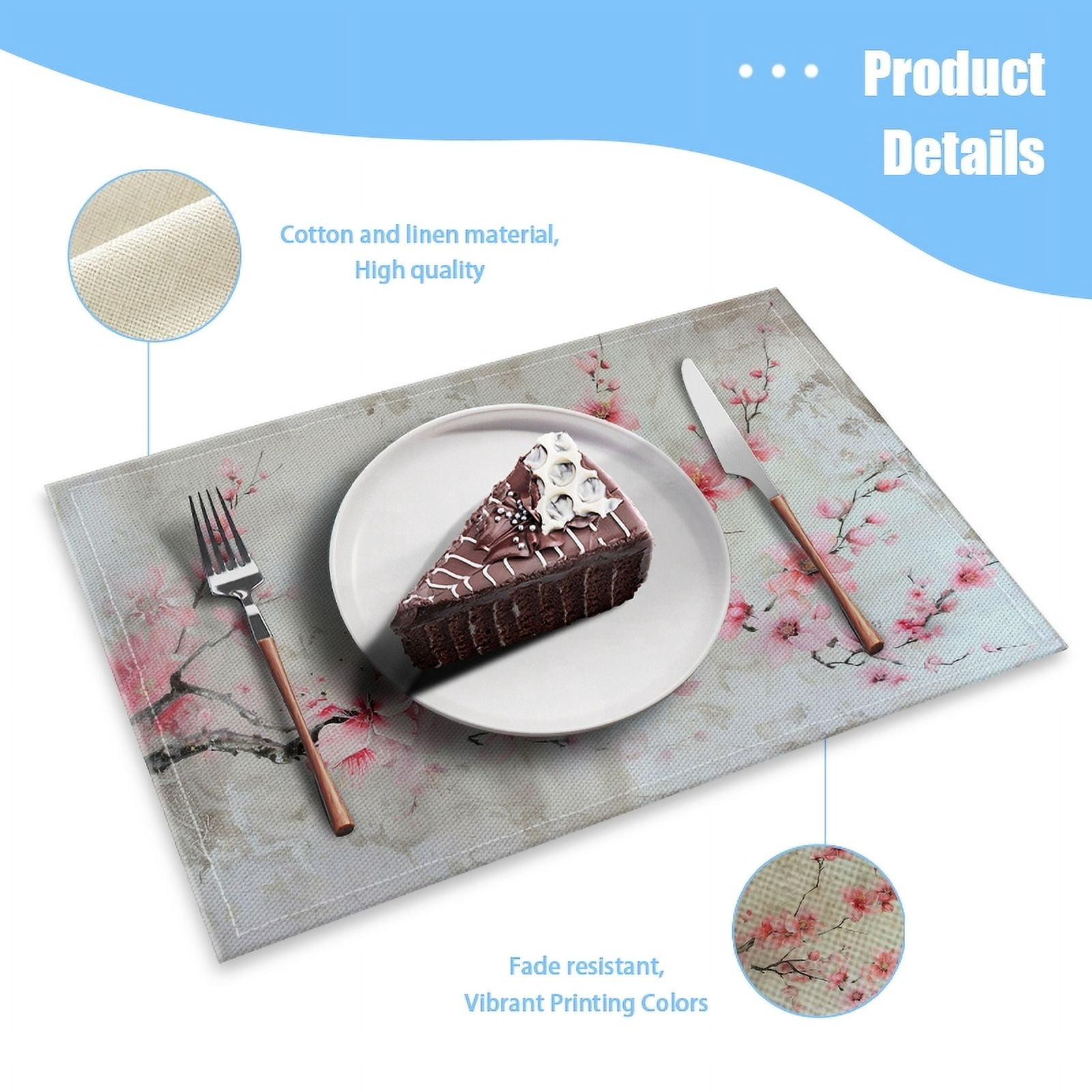 BaHomeck placemats Set of 4 Beautiful Pink Cherry Blossom Painting On Textured Paper Cotton Linen rectangle Placemats for Kitchen Dining Table Indoor,Outdoor,18*12inch