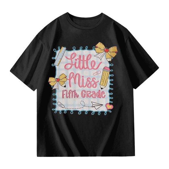 Hiijoy Girls Black Tee Shirt Graphic Back To School Short Sleeve Crewneck Tshirt, Sizes 3-14