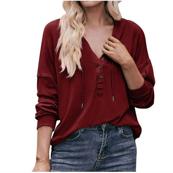 Women's V-Neck Long Sleeve Hoodies Solid Drawstring Sweatshirts Loose-Fit Casual Button Pullover