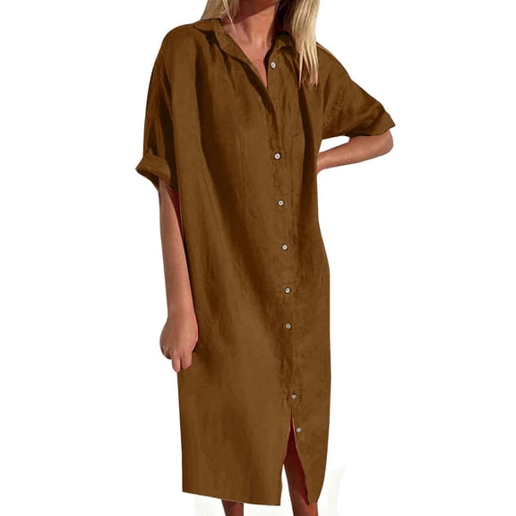 TFEOQRY Women's Button Down Maxi Dress Cotton Linen Short Sleeve V Neck Casual Loose Split Hem Sundress