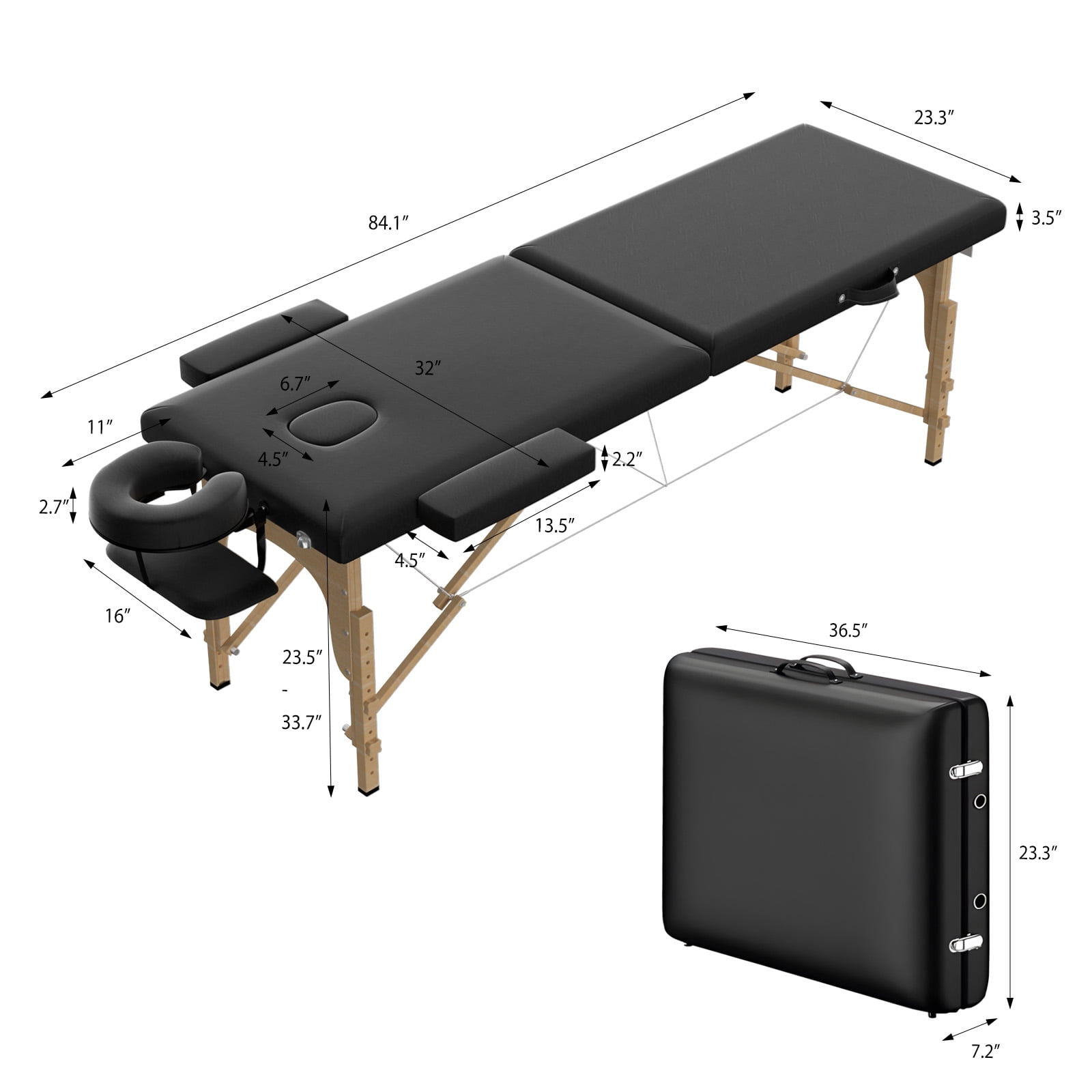 Ktaxon Foldable Massage Table, 24" Wide Spa Bed Portable 2 Fold with Adjustable Height, Black