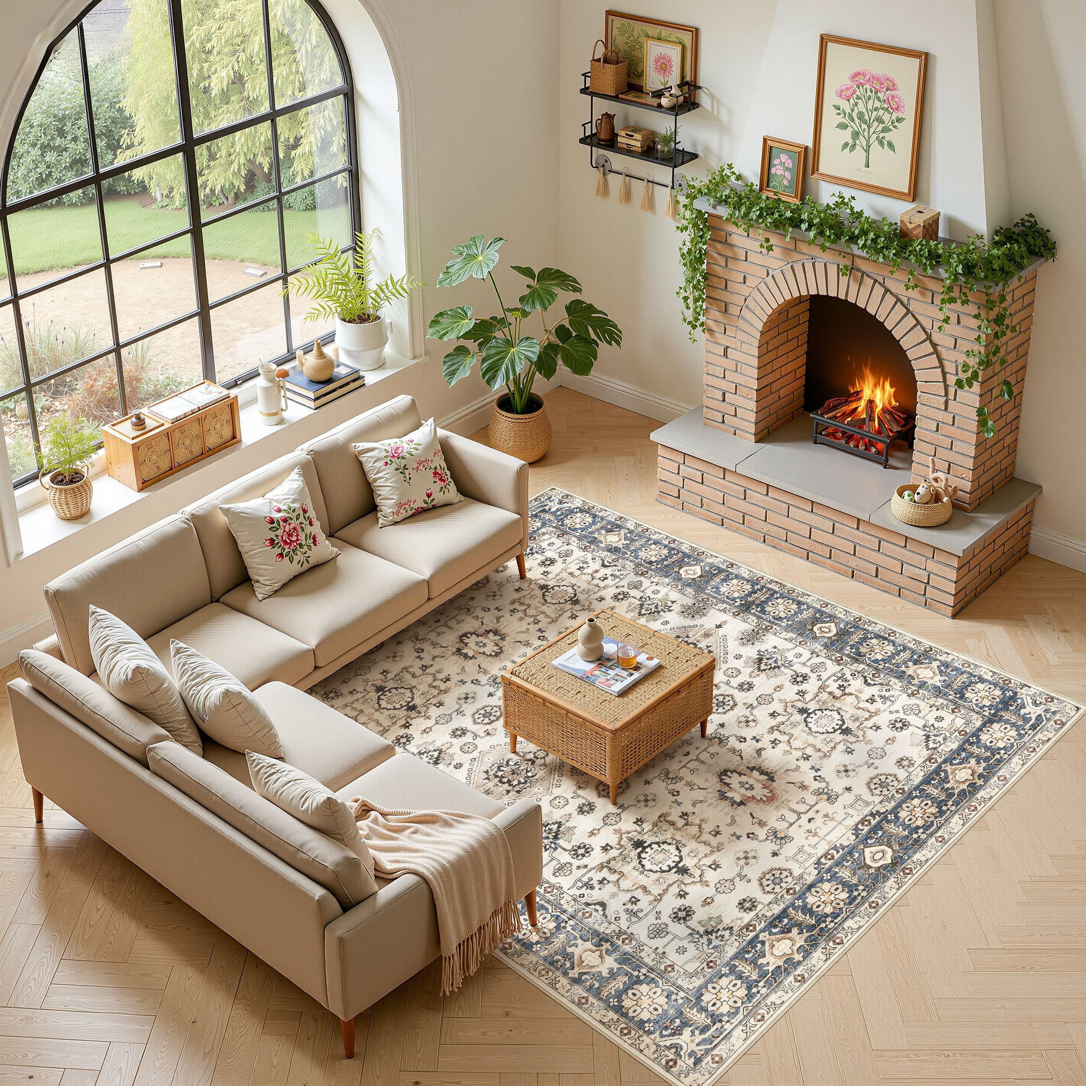 Uermei 10'x14' Large Area Rugs for Living Room: Non-Slip Indoor Carpet, Large Washable Vintage Foldable Rug for Bedroom Dining Room Office - Beige Blue
