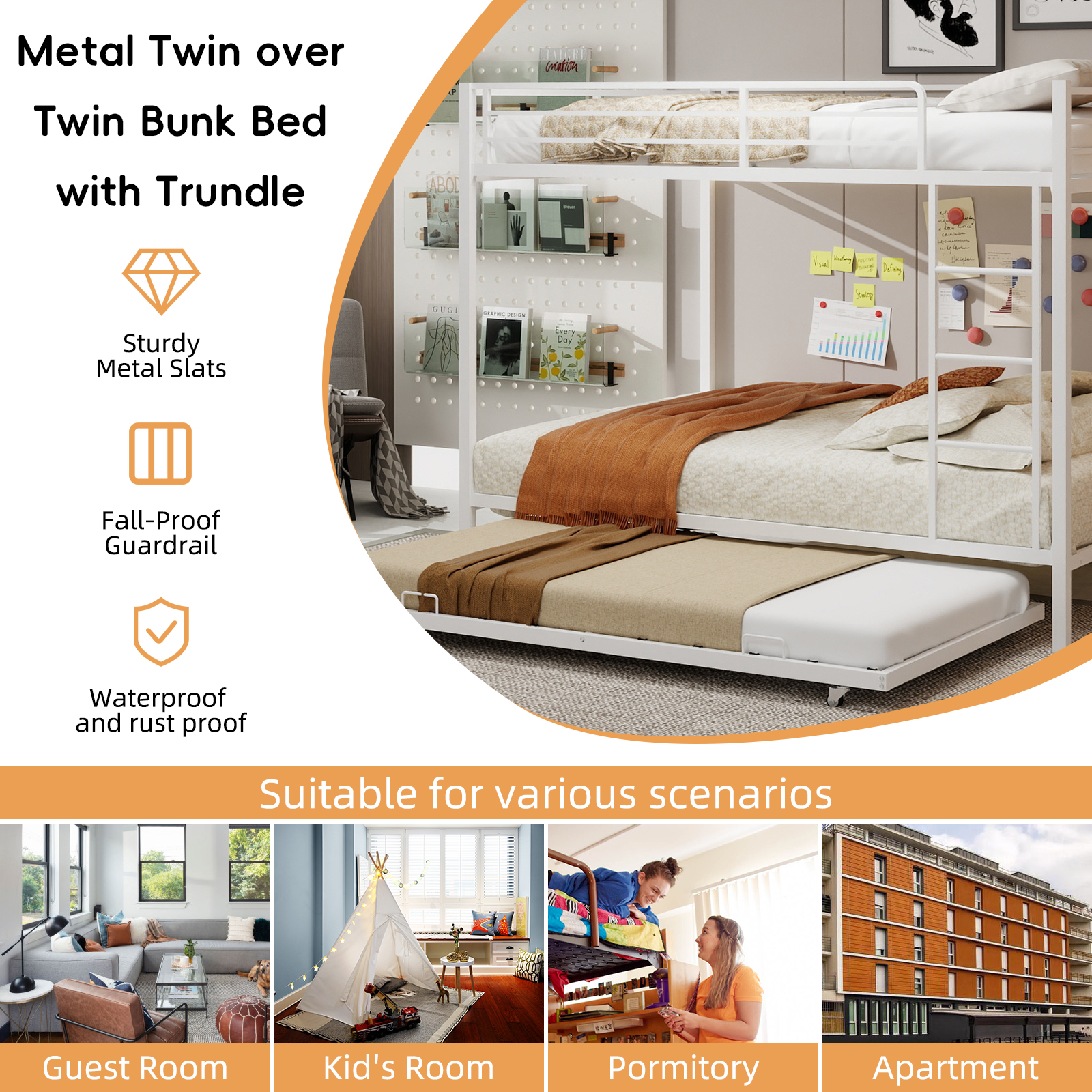 Miniyam Metal Queen over Queen Bunk Bed with Trundle, Space Saving Bunk Bed Frame with Ladder and Guardrails for Dorm, Apartment, White