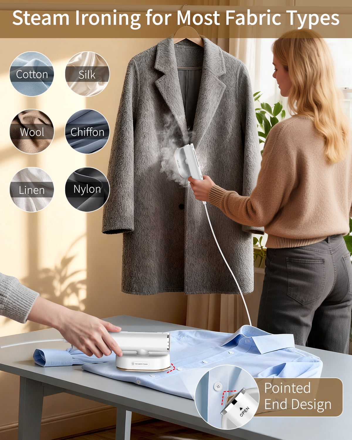 Hulmay Travel Steamer for Clothes, 1200W Portable Steam & Iron 2 in 1, 15s Heat-up, Handheld Garment Steamers for Travel Home Office (110-120V)