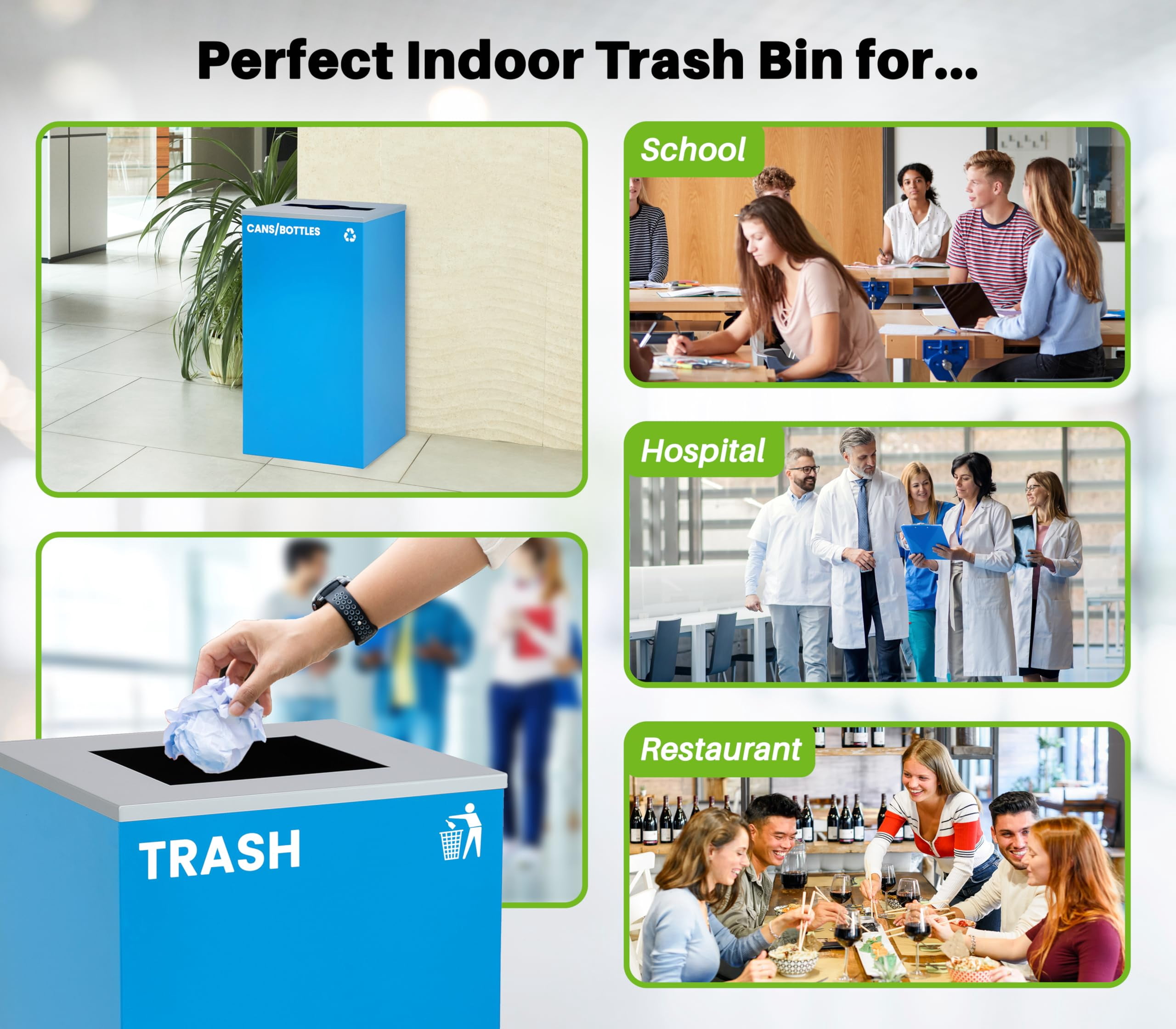 Alpine Commercial Indoor Recycle Bin with Lid - 29 Gallon Blue Recycle Bin Recycle Trash Can Office Recycling Bins, Metal Recycling Container with Stickers & 3 Optional Lids Sold Separately