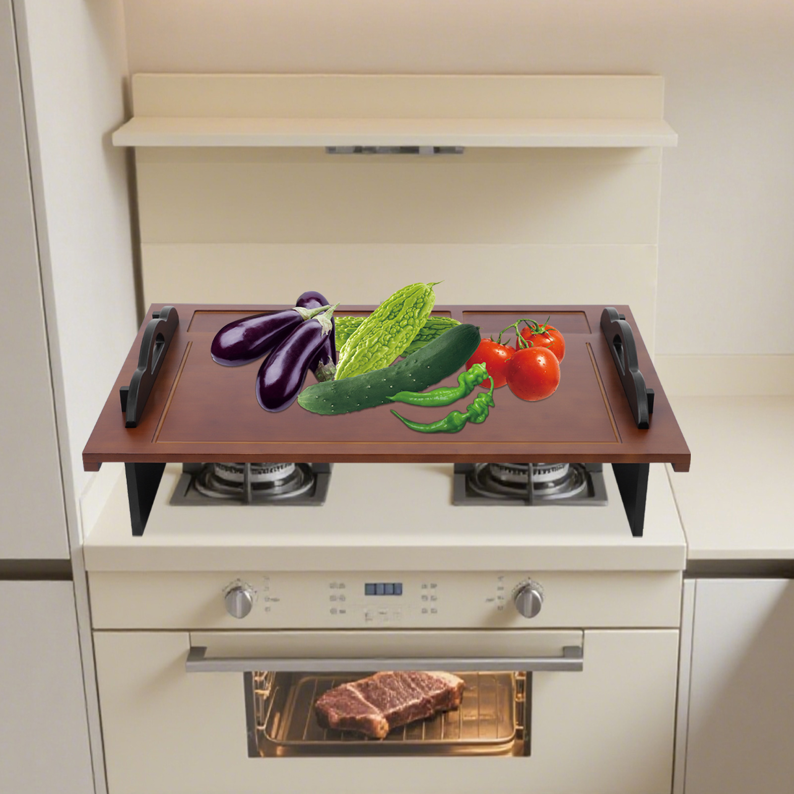 Walnut-Colored Bamboo 33.5x21.9-Inch Stove Cover, Overflow-Proof Guide Groove Cover And Multifunctional Cutting Board
