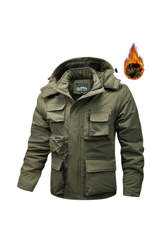 Men's Solid Color Outdoor Pocket Zip Long Sleeve Windproof Water Resistant Warm Detachable Arm Hooded Jacket Army Green M