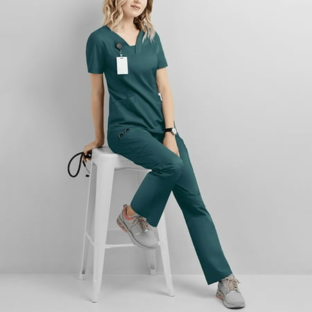 

Ladies V-neck Solid Color Short-sleeved Pocket Carer Suit And Set