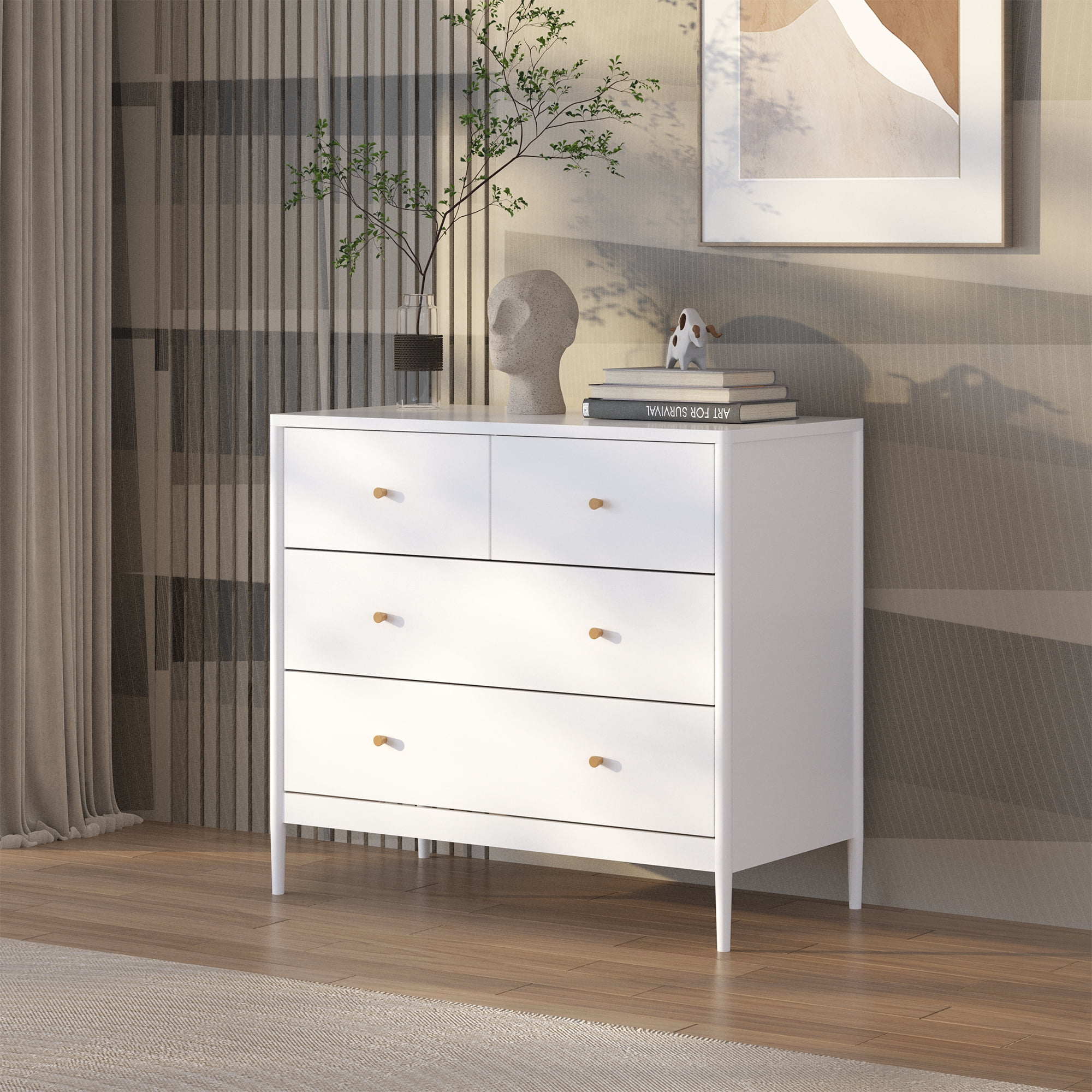 4-Drawer Wooden Dresser, White Toddler Storage Cabinet for Nursery, Bedroom, Closet & Living Room, 35.4" Wide