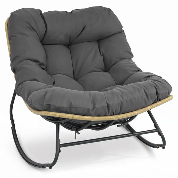 Furnibear Outdoor Papasan Rocking Chair, Egg-Shaped PE Rattan Wicker Glider Chair with Thick Removable Cushion for Patio Porch Garden, 400 lbs Capacity, Gray