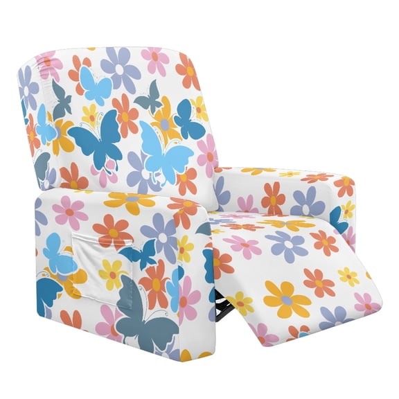 FOR U DESIGNS Butterfly Flower Print Recliner Chair Covers Anti-Dust Reclining Slipcovers 4-Pieces Soft Recliner Armchair Covers Protector with Storage Pocket