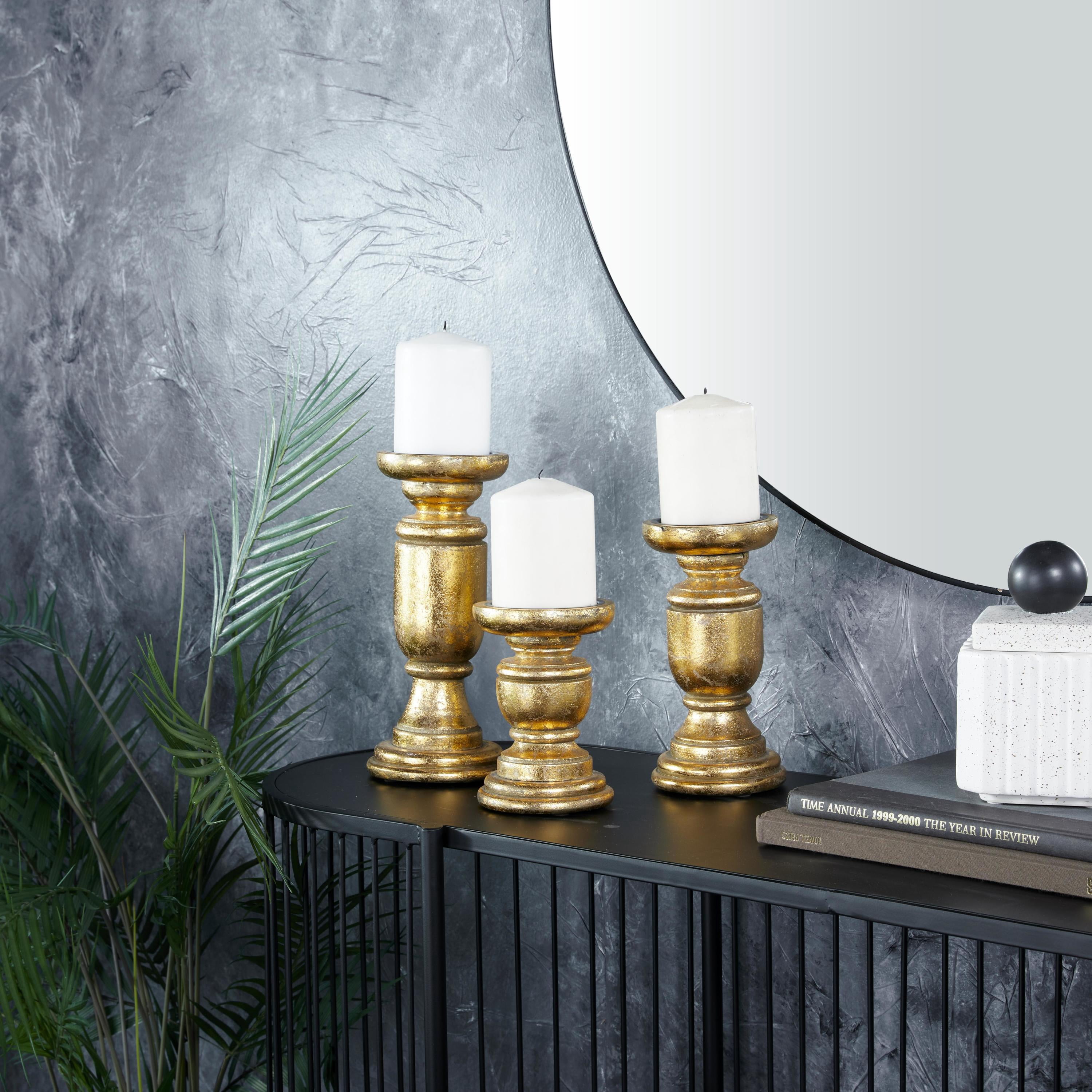 DecMode 3 Candle Gold Mango Wood Turned Style Pillar Candle Holder, Set of 3
