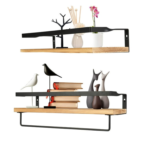 KARMAS PRODUCT Wall Mounted Floating Shelf Set of 2 Wood 2-Tire Wall Storage Shelf with Towel Rack and Three-Sides Protective Guards for Bathroom Living Room Office Kitchen - Walmart.com
