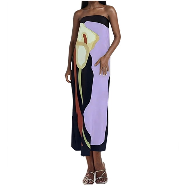 Vestido Casual de las Mujeres Primavera Verano sin Mangas sin Tirantes Vestido de Impresión Sexy, Desgaste Ligero de Poliéster, Lavado de Manos