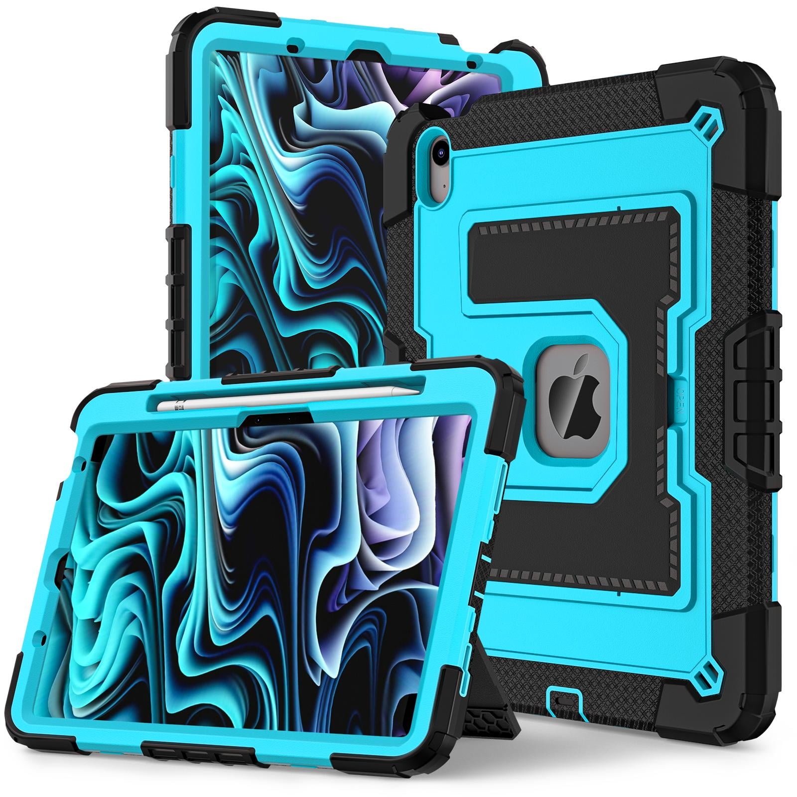 ELEHOLD 3-Layer Rugged Case For Apple iPad Air 11‑inch (M4) 2026, Heavy Duty Shockproof Logo Visible Foldable Kickstand Drop Protection Cover with Pencil Holder + Shoulder Strap, Black+Blue