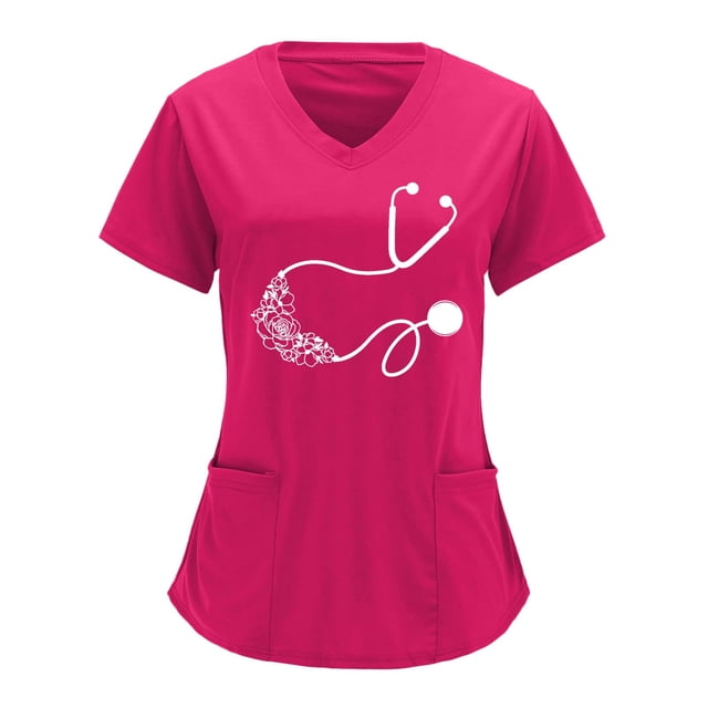 Monos de color sólido con cuello en V para mujer, camisetas de uniforme de trabajo de manga corta con estampado de posicionamiento parcial Pompotops hkajfhjk472360