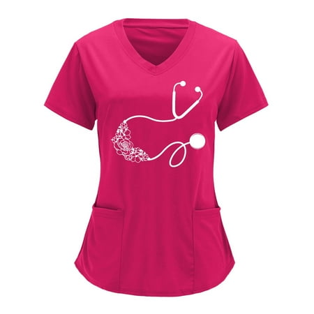 

Scrub Tops for Women Short Sleeve V Neck Solid Color Print Nurses Scrubs Working Uniform with Pockets