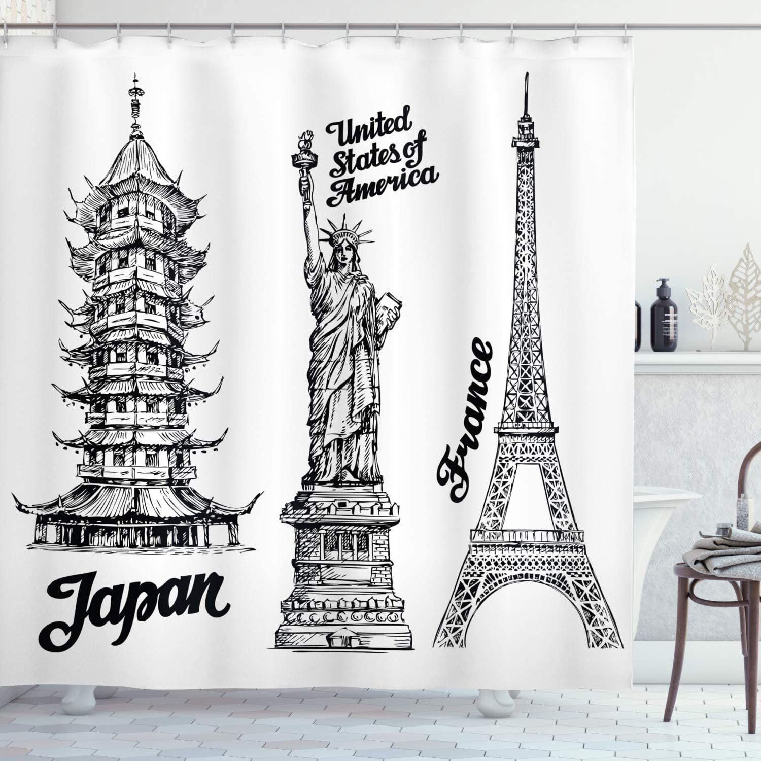 Xsinufn Eiffel Tower Shower Curtain, Famous Monuments of Liberty Eiffel