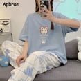 thumbnail image 2 of Pijama de algodón de dibujos animados para mujer, ropa de dormir de manga corta, pantalones largos, moda coreana, ropa de casa con estampado de conejo, verano, nuevo, 2 of 4
