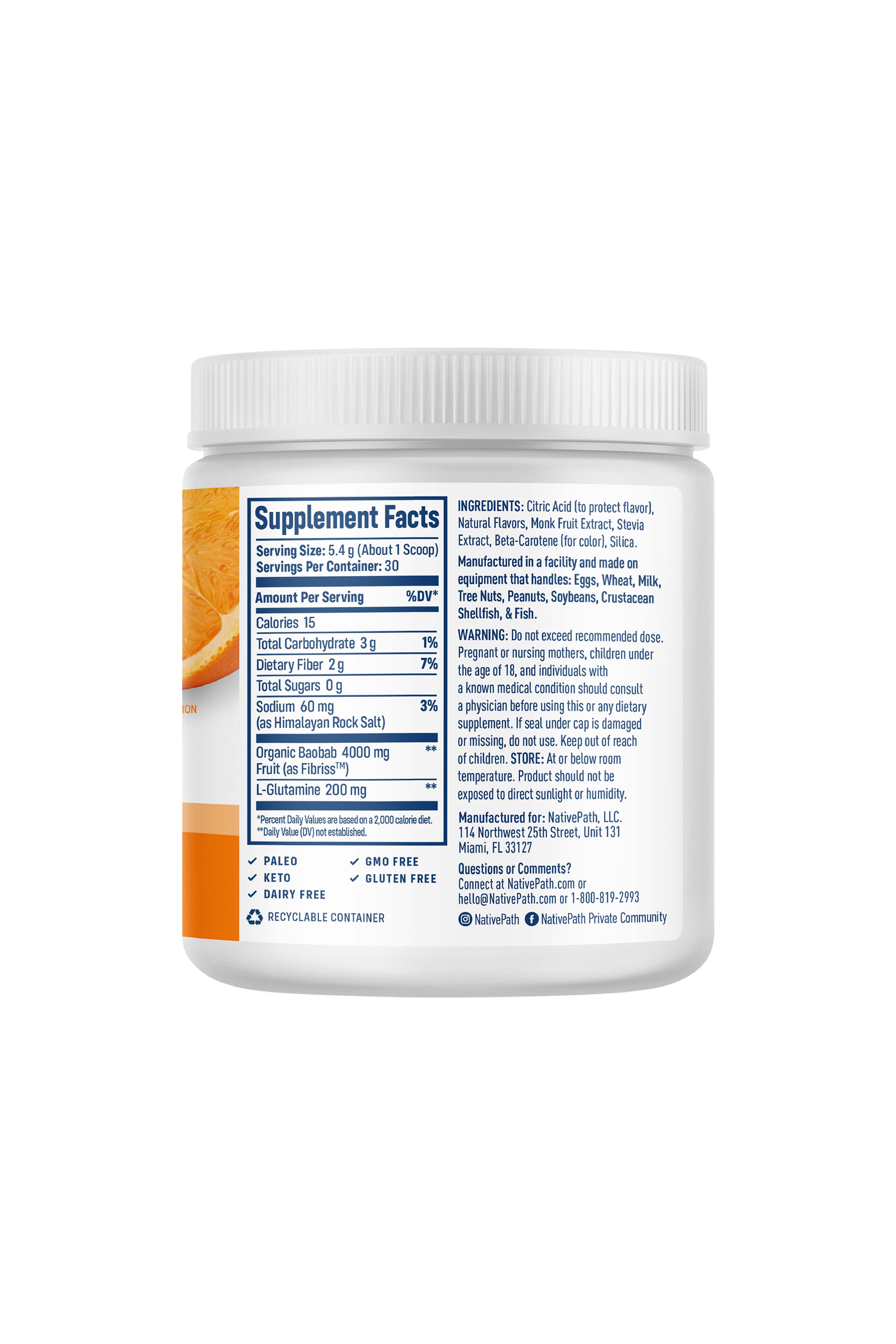 NativePath Organic Baobab Prebiotic Fiber Powder with L-Glutamine, Orange, Sugar-Free, 30 Servings