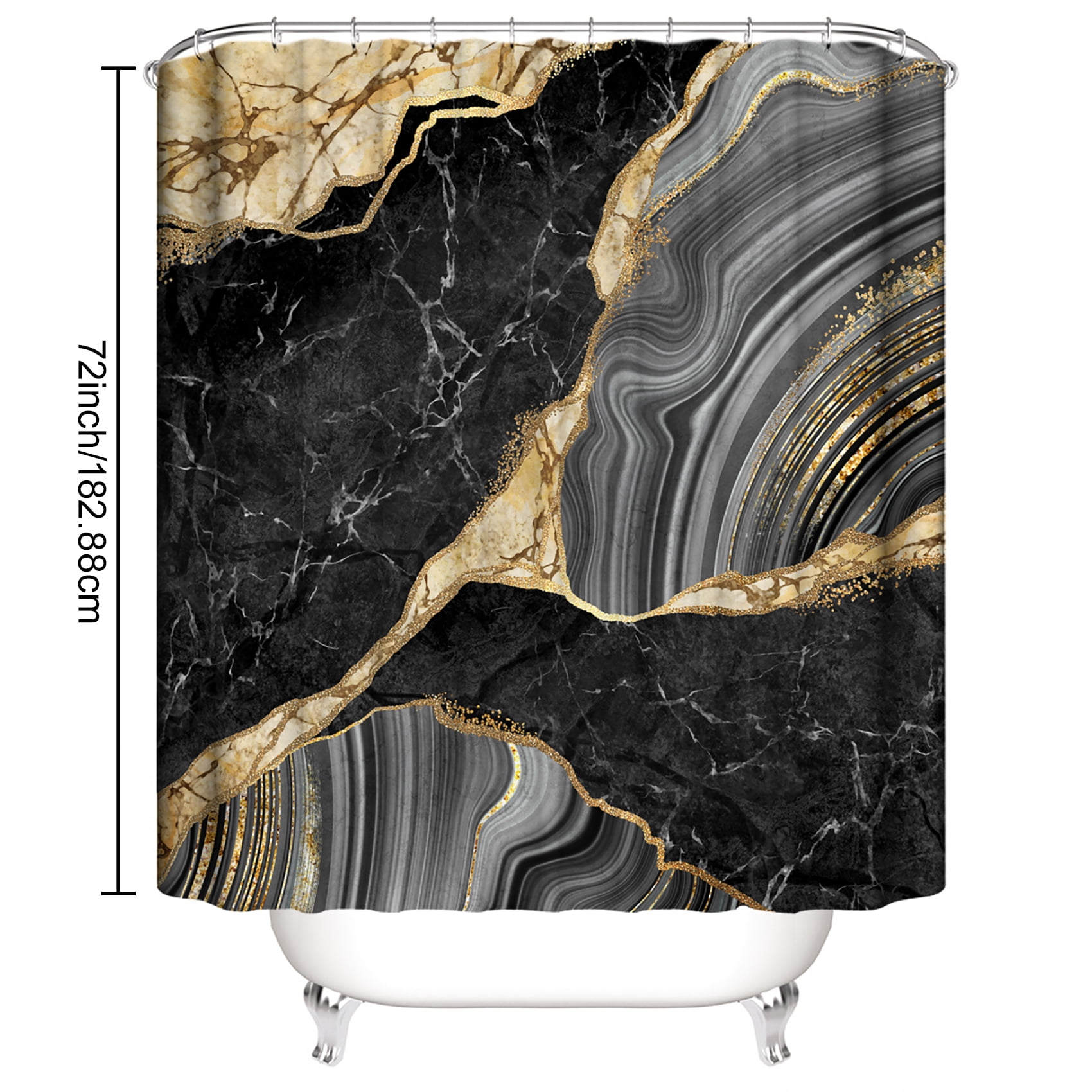 4Pcs Marble Shower Curtain Sets, Bathroom Decor Sets, Luxury with 12 Hooks, Bath Mat, Toilet Lid Rug and Non-Slip U Shape Mat Accessories, 72 x 72 Inch, Black