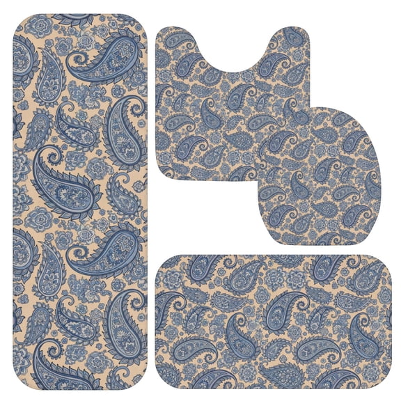 Paisley and Floral Beige Pattern Bathroom Rug Set 4 Piece,Includes Contour,Lid Cover,Bath Mat,Non-Slip Extra Soft Absorbent Washable
