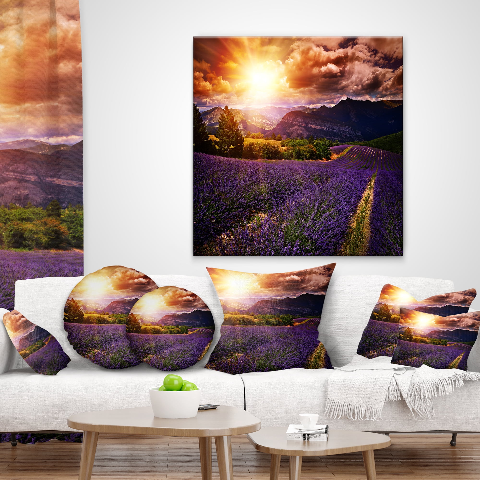 Designart Beautiful Sunset over Lavender Field - Floral Throw Pillow - 18x18