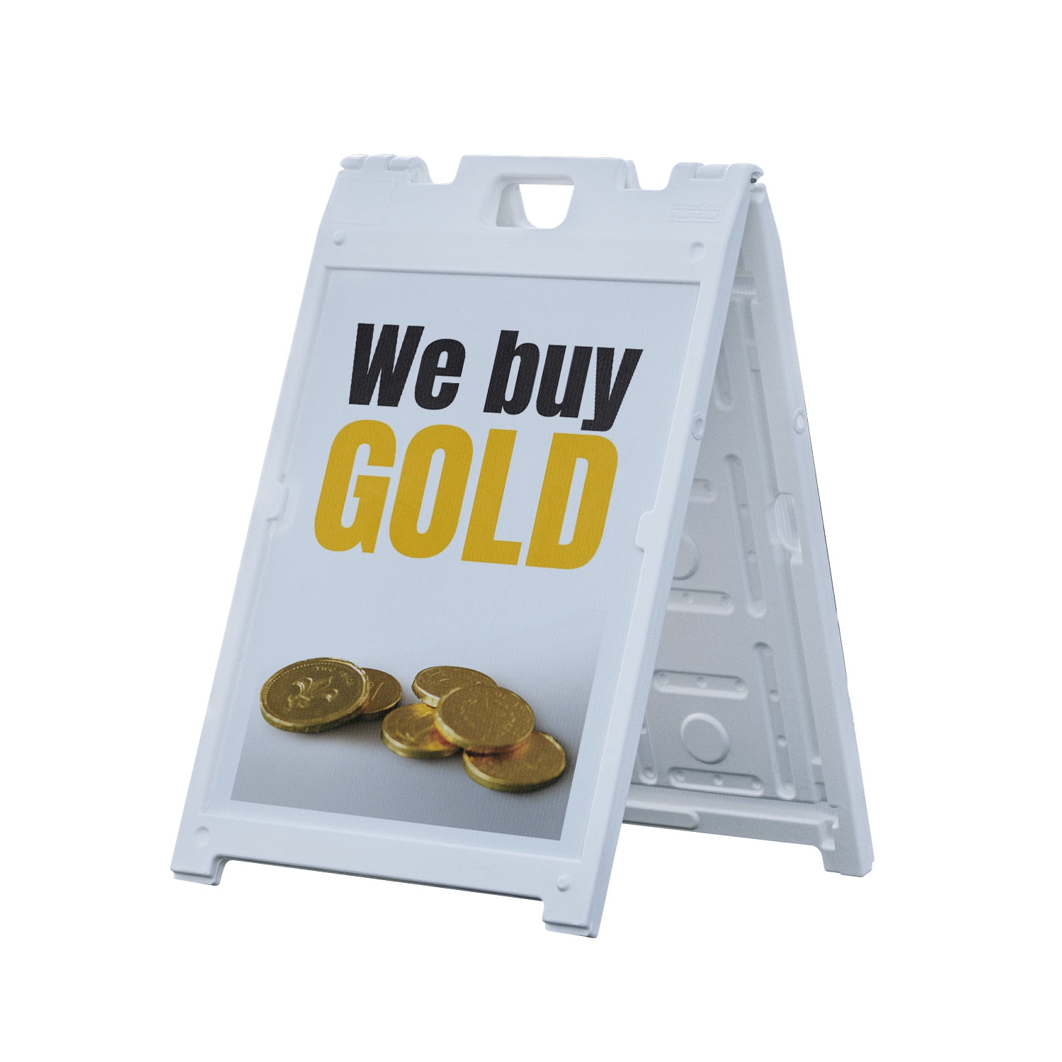 We Buy Gold 18 x 24 Double Sided A-Frame Sidewalk Sign Includes 2 Plastic Inserts Foldable Portable White Signicade Sandwich Board Reliable Services Trusted Shops Professional Signage