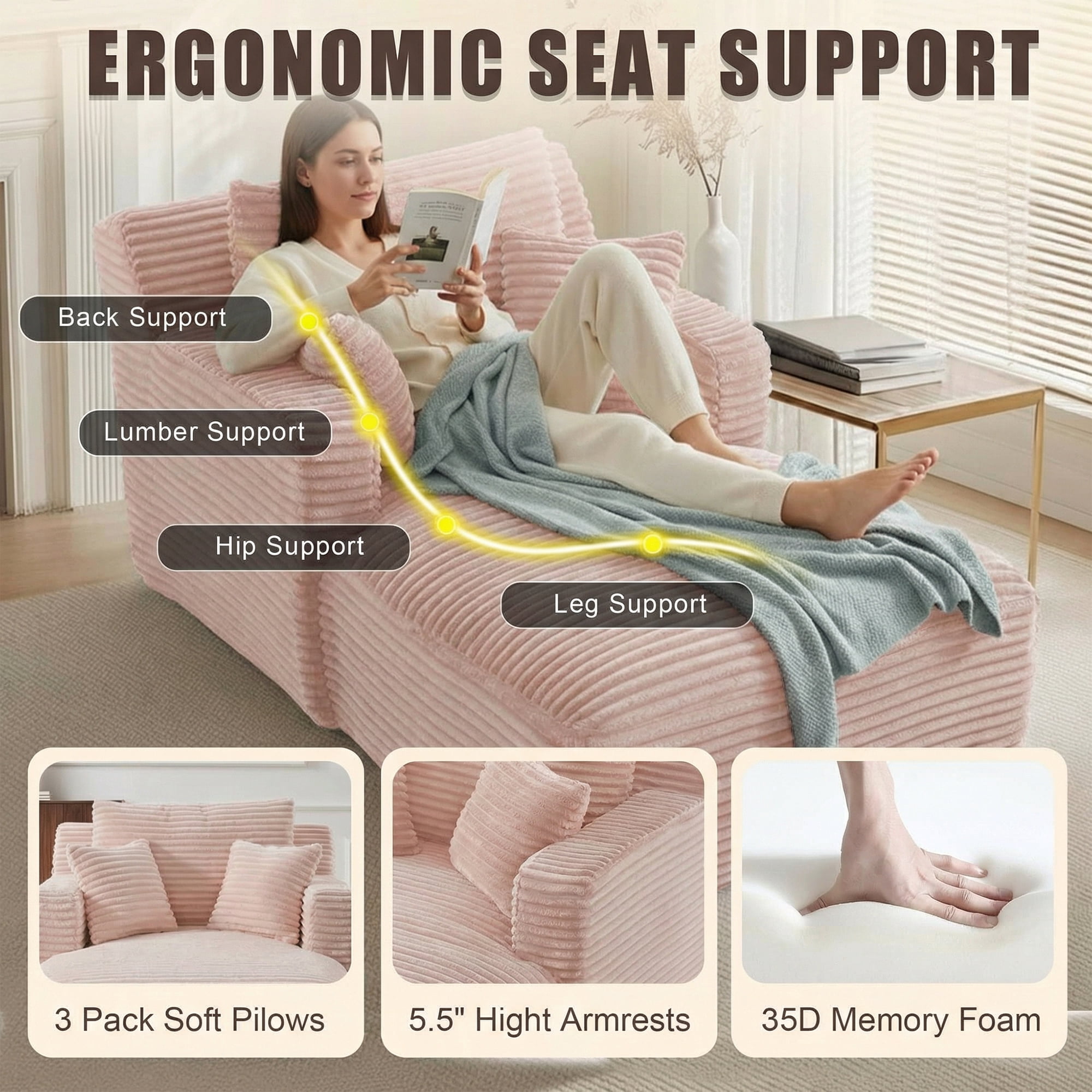 Kosynda 65"D Oversized Chaise Lounge Chair Indoor, Corduroy Upholstered Boneless Sofa Bed with 3 Pillows for Living Room, Pink